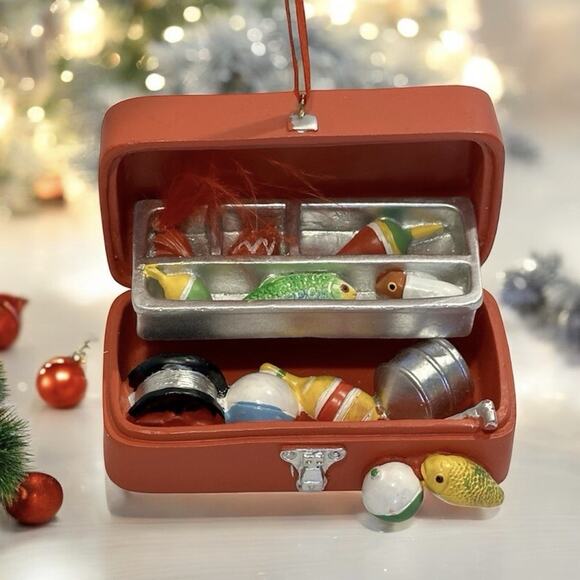 Miniature Fishing Tackle Box Ornament Red Resin Bobbers Lures Fish Decor 3.5" - Picture 1 of 9